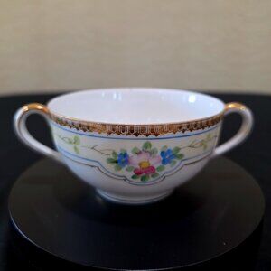 NIPPON Vintage Hand Painted Flower Porcelain Gold Accent Double Handle Tea Cup